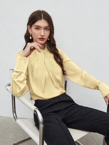 BizChic 2025年夏季新款女士百褶领衬衫，长袖，缎面面料，商务休闲，适合度假、婚礼宾客、乡村音乐节、早餐、机场、211S斯德哥尔摩风格、美国独立日