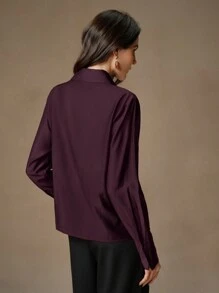 Anewsta Women's Lace Applique Collared Sheer Loose Blouse - Burgundy - View 6