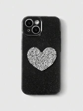 Kawaii 1 pieza Carcasa de teléfono negra con corazón 3D con tachuelas brillantes y brillo, compatible con Apple iPhone 11 12 13 14 15 Pro Max 16