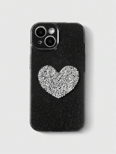 Kawaii 1 pezzo Custodia nera per telefono iPhone 11 12 13 14 15 Pro Max 16 con cuore 3D tempestato di strass, con polvere glitterata