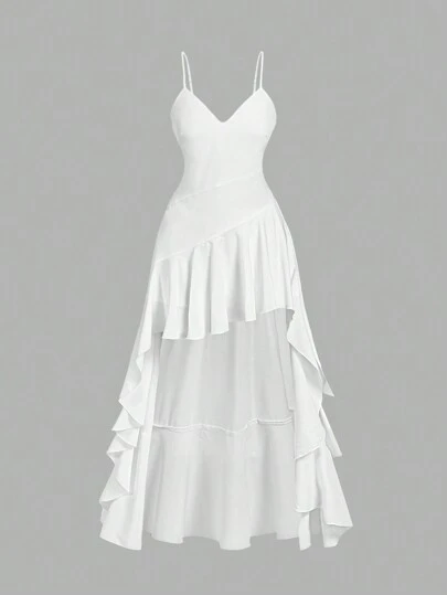 SHEIN X Scheana SHEIN MOD Váy chữ A viền bèo nhún màu trắng cỡ lớn, không tay lãng mạn, viền bất đối xứng