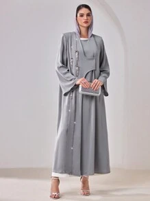 Al Najma Women's Long Sleeve Arabic Abaya Cardigan With Rhinestone Decor - Grey - View 5
