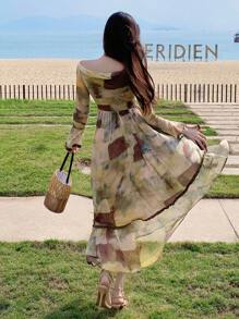 DAZY Botanical Print Floral Trumpet Sleeve Ruffle Trim Contrast Shoulder Midi Dress For Women,Fall Dress Long Sleeve Dress Off Shoulder Vacation Outfits Women - Multicolor - View 5