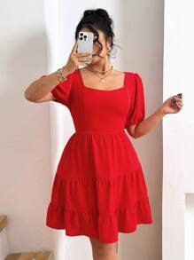 Celure Vestido rojo de talla grande para mujer con escote cuadrado, mangas cortas y nudo en la espalda, elegante y tejido - Rojo - Ver 4