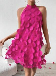 Chiquease 女士立体花朵吊带粉色连衣裙，适合新年、毕业典礼 - 玫紅色 - 查看 5