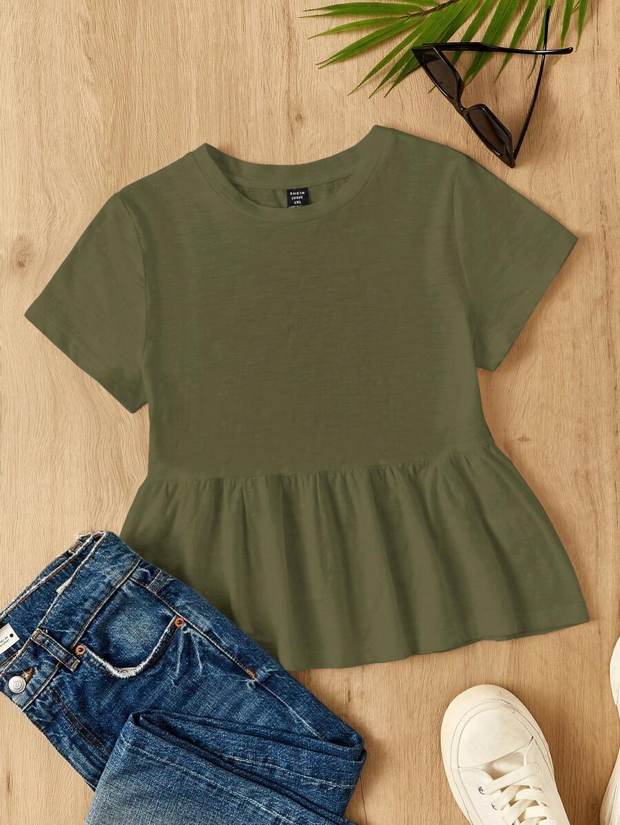 SHEIN EZwear 大码女式棉质拼布 A 字形圆领休闲 T 恤连衣裙 - 軍綠色 - 查看 1