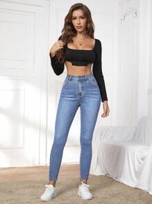 SHEIN Essnce Casual Washed High-Waist Slim-Fit Denim Jeans - Light Wash - View 4