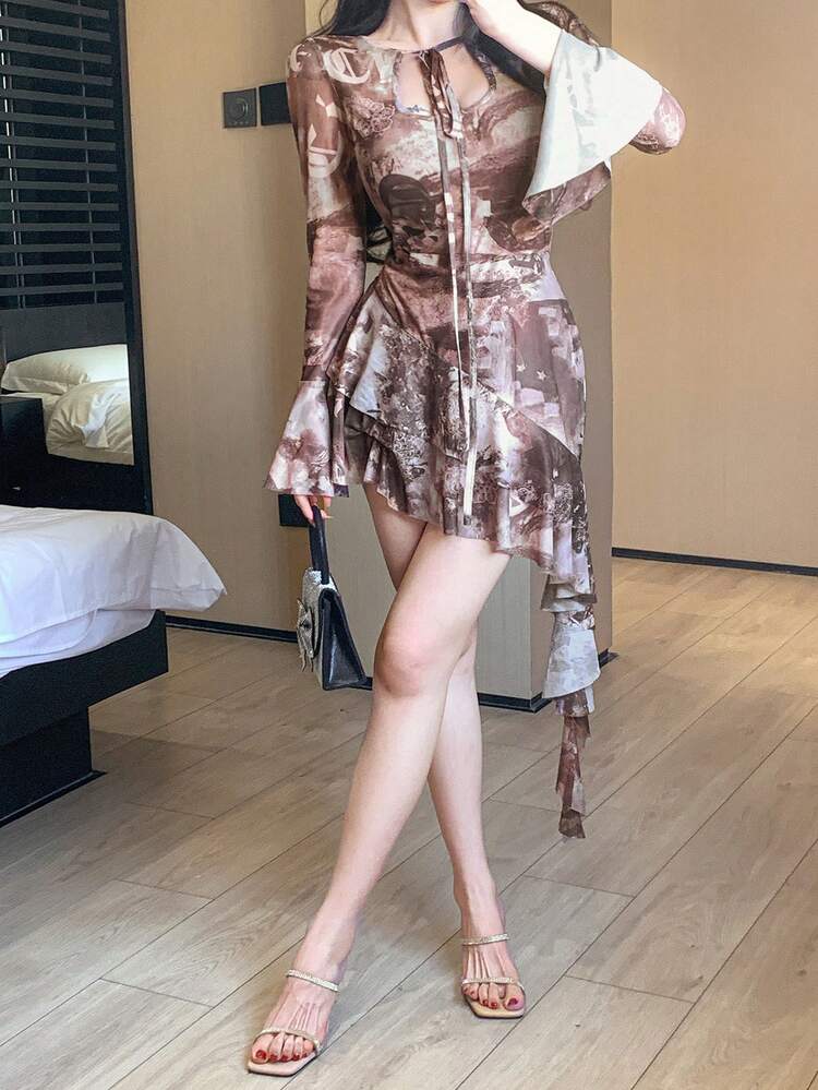Allover Print Asymmetric Ruffle Trim Tied Knot Design Puff Sleeve Short Dress For Women Sundress,Mini Dress,Casual Women Dresses,Fall Dress Long Sleeve Dress