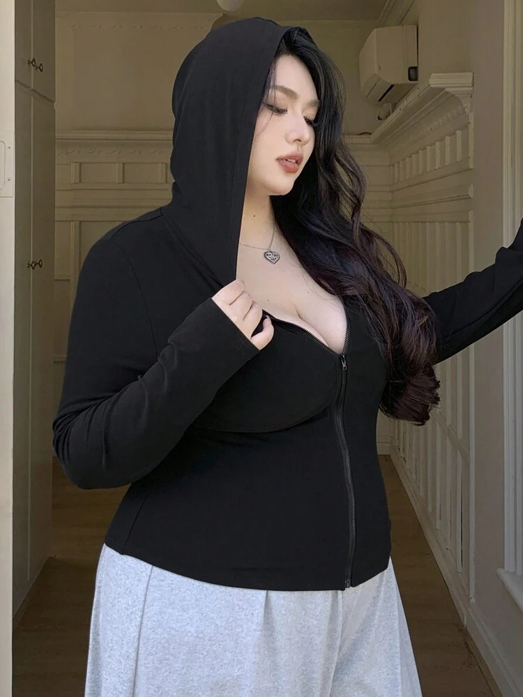 Dazy Plus Slim Fit einfarbiger Reißverschluss-Kapuzenpullover T-Shirt, Frühling/Sommer/Herbst Langarm Damen Oberteile, Herbst Damenkleidung