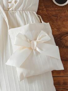 SHEIN Vintaside Kids 2 件套女婴套装：荷叶边饰纽扣前连体衣和蝴蝶装饰包，适合室内、户外和休闲场合 - 杏色 - 查看 3