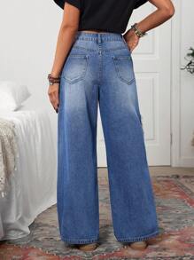 SHEIN LUNE Women's Casual Washed Heart Ripped Hem Wide Leg Jeans - Blue - View 2