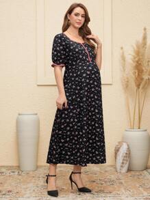 SHEIN Maternity Puff Sleeve Short Sleeve Button Decor Vintage Ditsy Floral Dress - Multicolor - View 1