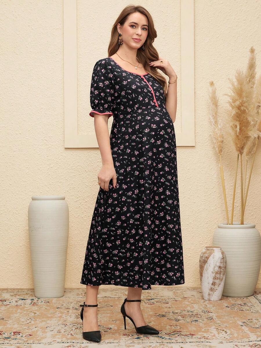 SHEIN Maternity Puff Sleeve Short Sleeve Button Decor Vintage Ditsy Floral Dress - Multicolor - View 1