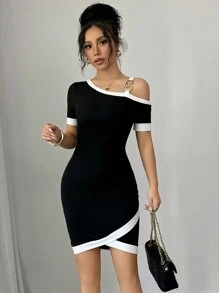 Elenzga Women's Spring/Summer Knitted Elastic Fitted Oblique Shoulder Short Sleeve Color Block Short Hem Black And White Criss-Cross Casual Elegant Dress