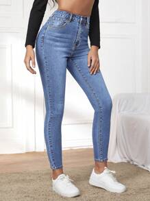SHEIN Essnce Casual Washed High-Waist Slim-Fit Denim Jeans - Light Wash - View 3