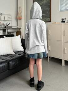 DAZY Áo len cardigan dài tay có mũ trùm đầu thêu ren cho bé gái tuổi mới lớn cho mùa xuân, quần áo trở lại trường - Xám - Xem 2