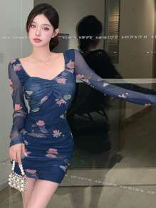 DAZY Women Ditsy Floral Mesh Patchwork Waist Fitted Mini Dress,Fall Dress - Navy Blue - View 3