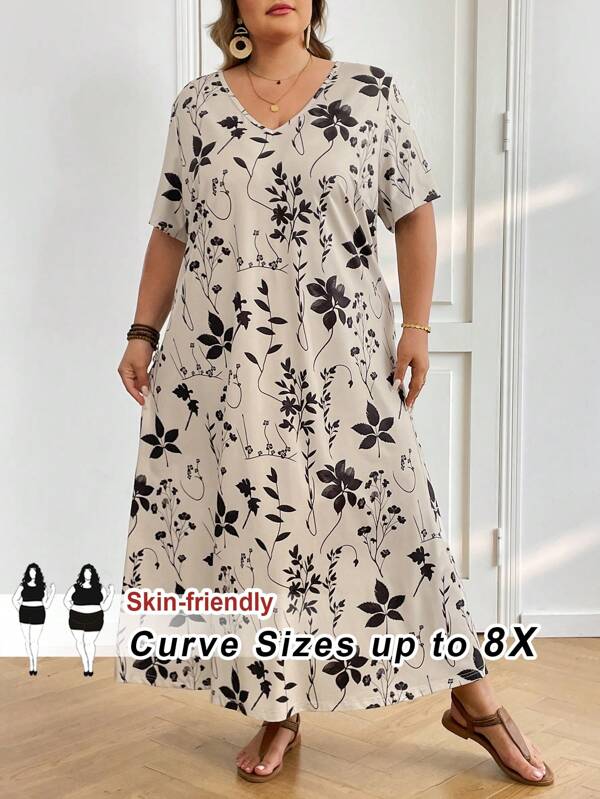SHEIN CURVE+ Women's Plus Size Summer Casual Solid Color Floral Pattern V-Neck Short Sleeve Dress,Beach Dress Sundress,Holiday Outfits Boho