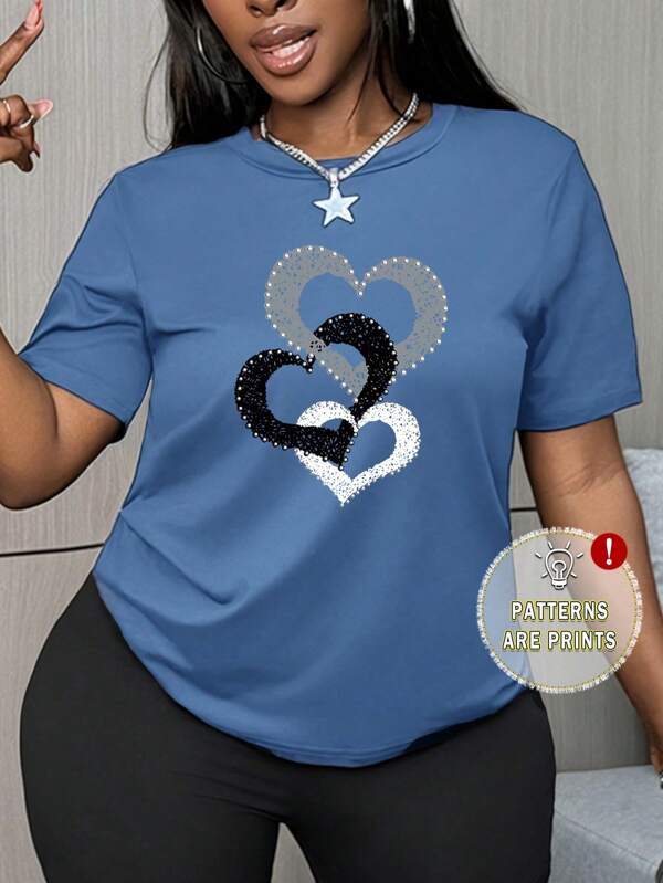 Maweii Camiseta de mujer de talla grande con estampado de corazón, cuello redondo, parte superior informal, camisetas gráficas de San Valentín para mujer, para el verano