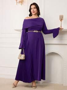 Modelyn Plus Size Elegant Party Solid Color Asymmetric Neck Trumpet Sleeve Pleated Long Dress - Purple - View 6