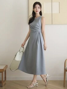 DAZY Sleeveless Solid Color Pleated Mid-Length Dress For Women Sundress Maxi Dress - Blue - View 8