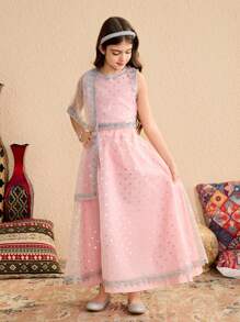 2pcs/Set Tween Girl Round Neck Sleeveless Embroidered Top And Skirt - Green - View 7