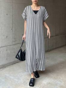 FRIFUL Dames gestreepte losse V-hals vleermuismouwen korte mouwen casual midi-jurk zomerjurk