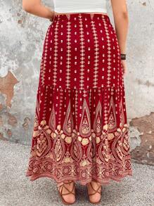 Breezaya Plus Size Gold Foil Printed Casual Skirt