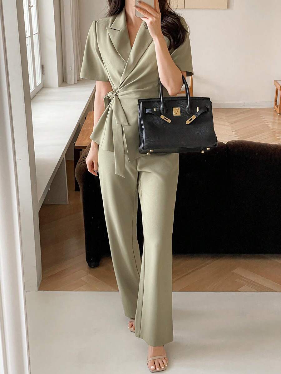 DAZY Solid Color Tie-Up Wrap Short Sleeve Suit Jacket & Straight Leg Pants Women Suit Set Work Women Clothes Business Attire - Green - View 1