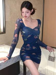 DAZY Women Ditsy Floral Mesh Patchwork Waist Fitted Mini Dress,Fall Dress - Navy Blue - View 1