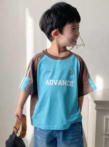 DAZY Áo thun Raglan cổ tròn tay ngắn in chữ màu tương phản cho bé trai - Màu xanh lam - Xem 7