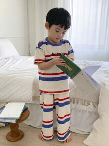 Dazy Kids 2 件套男童条纹圆领短袖上衣和裤子睡衣套装 - 米色 - 查看 4