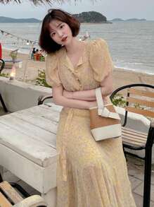 DAZY Women's Ditsy Floral Ruffled Puff Sleeve Button Casual Dress Sundress - Yellow - View 3