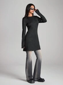 LYSMO Đầm thường ngày dài tay cổ tròn dệt kim Jacquard dành cho nữ - màu đen - Xem 1