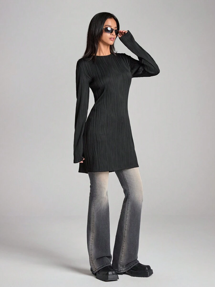 LYSMO Đầm thường ngày dài tay cổ tròn dệt kim Jacquard dành cho nữ - màu đen - Xem 1