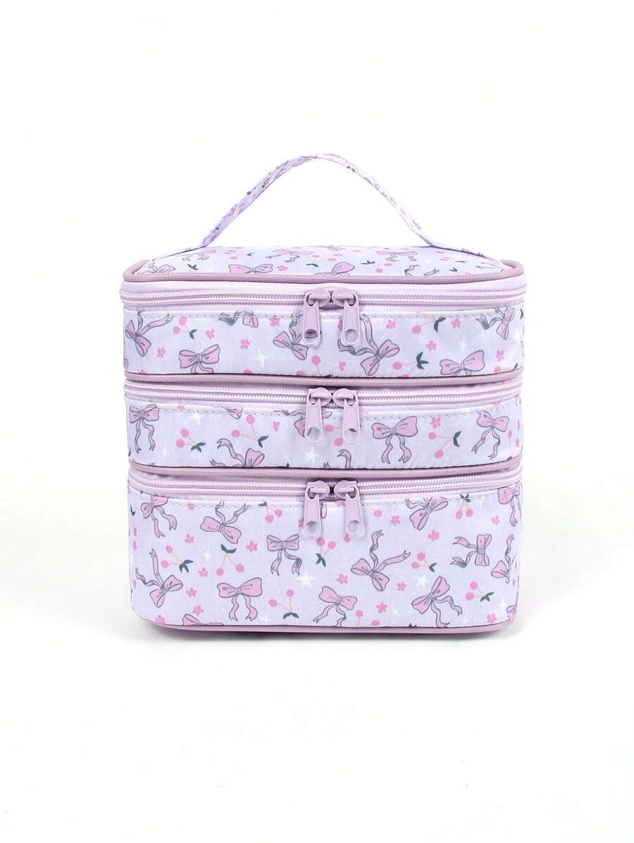 Jun Shu Artist Bow Pattern Fashionable Cute 3 Layers Cosmetic Bag For Storage, Square-Shaped Makeup Bag - Mauve Purple - View 1