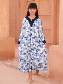 Tween Girls Floral Print Contrast Lace Long Sleeve Dress - Blue - View 5