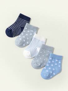 Cozy Pixies 5 双男婴星空条纹图案袜子，提花棉质透气袜子，四季皆宜