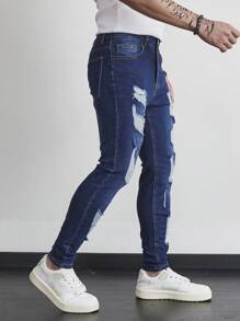 Manfinity LEGND Men's Pocket Distressed Skinny Casual Jeans - Dark Wash - View 4