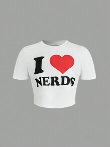 SHEIN LUNE New Style Crew Neck Letter Print Crop Top Tee Shirt For Women - White - View 3