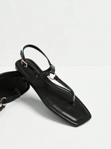 Styleloop 新款编织 T 型带平底凉鞋，时尚简约休闲人字拖沙滩凉鞋，波西米亚风格，有黑色、棕色、白色、粉色、酒红色、绿色可供选择 - 黑色 - 查看 5