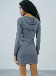 Easelle Black & White Striped Hooded Mini Sweater Dress For Women - Multicolor - View 3