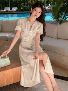 DAZY Elegant Twist Design Dress For Women, New Spring/Summer Collection Sundress,Casual Women Dresses - Beige - View 3