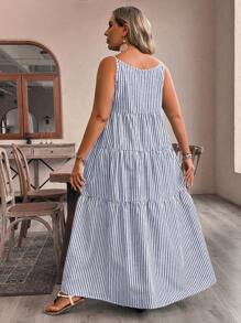 SHEIN VCAY 大码女式波西米亚风条纹圆领无袖荷叶边下摆长裙，适合夏季 - 淺藍色 - 查看 2