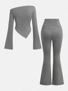 Girlism Teenager Mädchen 2-teiliges Set aus Lässig Plissee Langarm Trikot Top und Schlaghose für Zuhause und draußen, Reise Outfit Flughafen