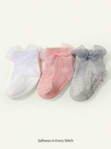 Cozy Pixies 3 双基本款纯色蝴蝶结装饰女童中筒袜 - 彩色 - 查看 1