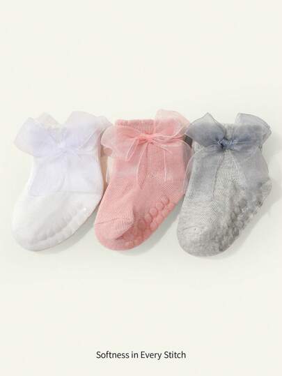 Cozy Pixies 3 双基本款纯色蝴蝶结装饰女童中筒袜