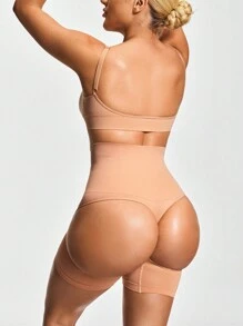 SHAPORA 女士纯色无缝高腰塑身连身衣 - 杏色 - 查看 5