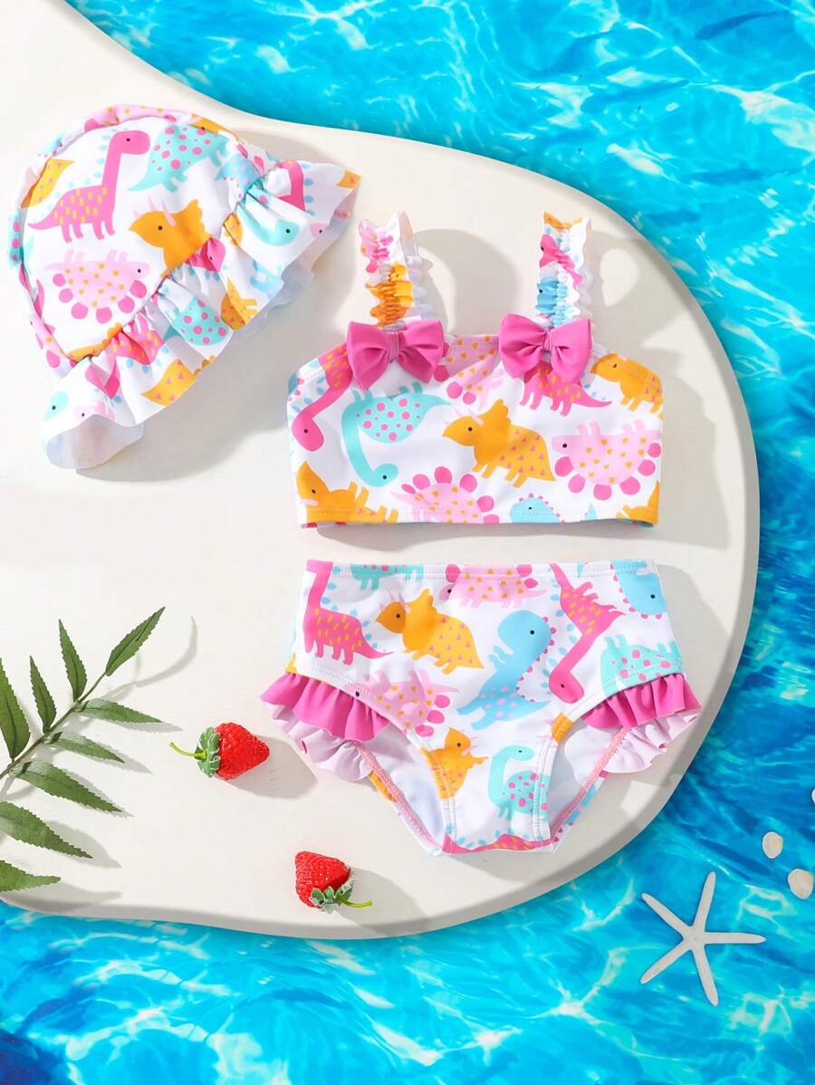 Set de 3 piezas con patrón de cuadros y lazos para bebé niña bebé que incluye traje de playa y adorable sombrero a cuadros - Multicolor - Ver 1