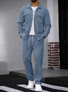 Manfinity CasualCool 2 件套灯芯绒长袖男士工作衬衫套装 - 藍色 - 查看 6
